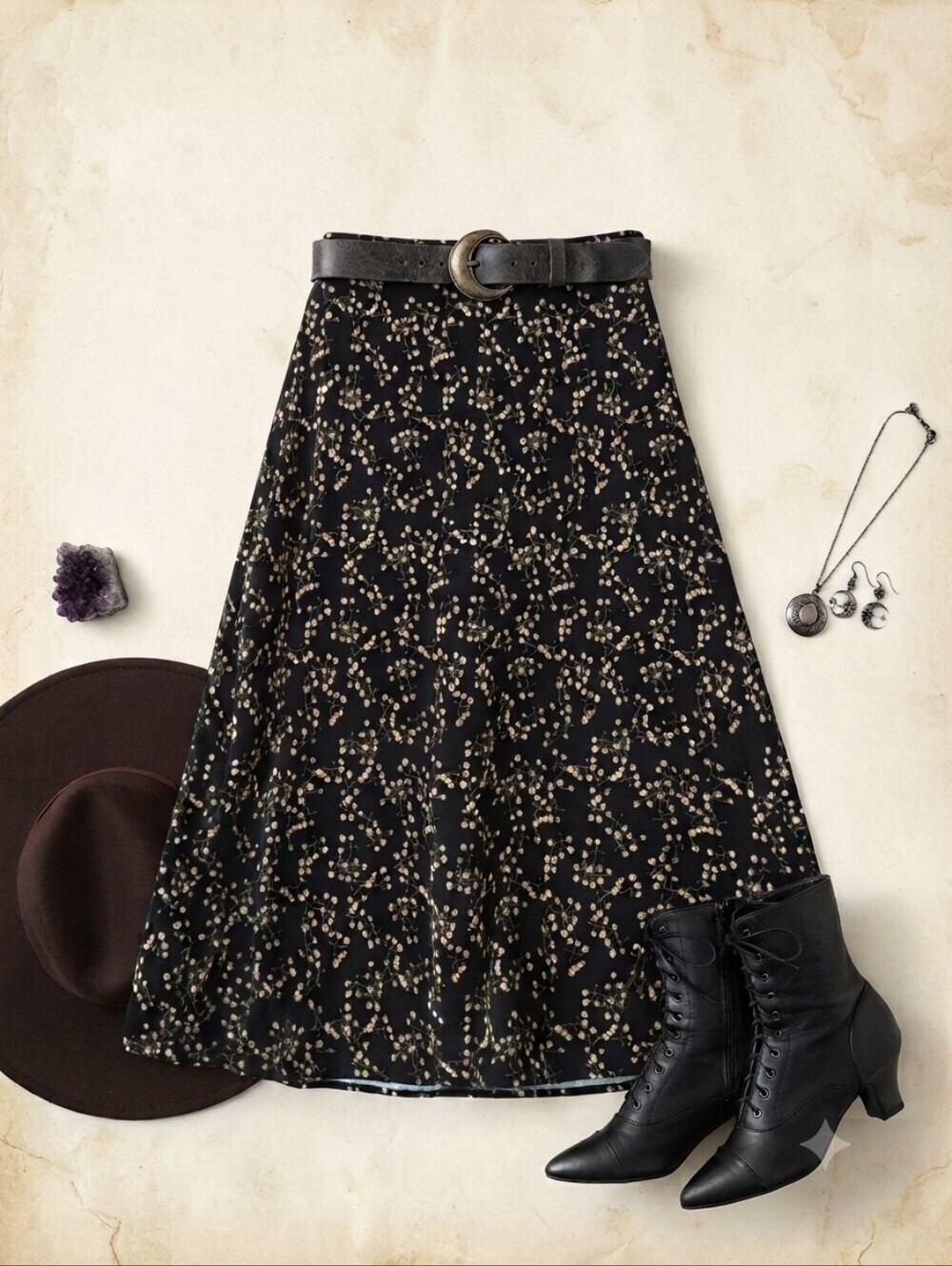 Rachel Zoe Black Ditsy Floral Print Midi Skirt